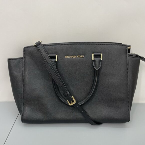 Michael Kors Large Selma Satchel Crossbody Bag Purse Saffiano Leather Zip Black